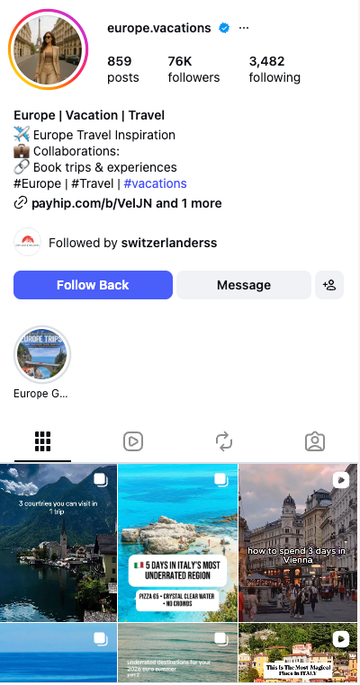 Europe Vacations social media account screenshot