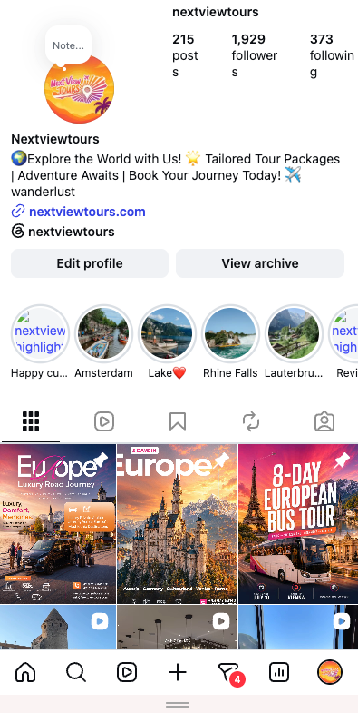 NextView Tours social media account screenshot